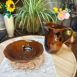Vintage Royal Haeger Brown Pottery Pitcher & Bowl Set | MCM Floral